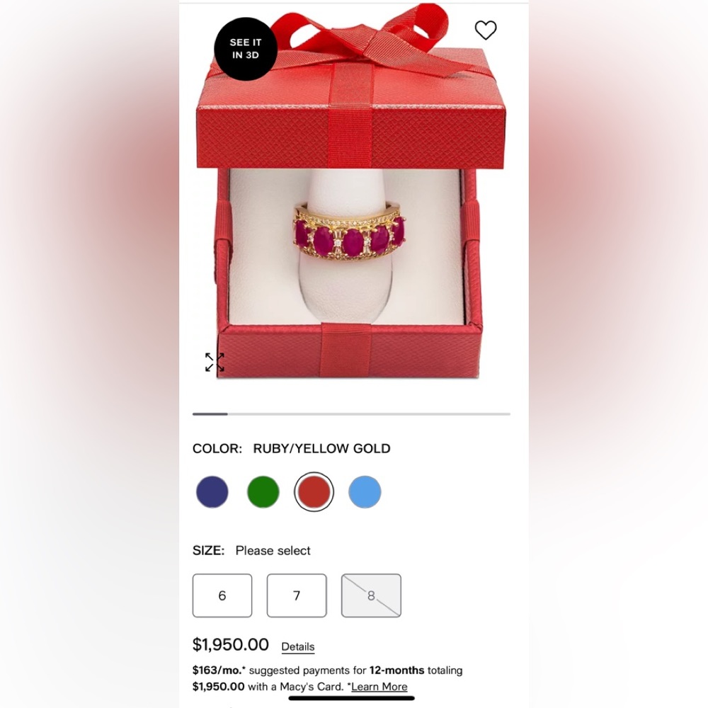 Brand new EFFY 14 K gold 5 ruby and diamond ring